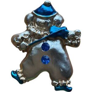 Clown Brooch Pin Silver & Blue Rhinestone Accents